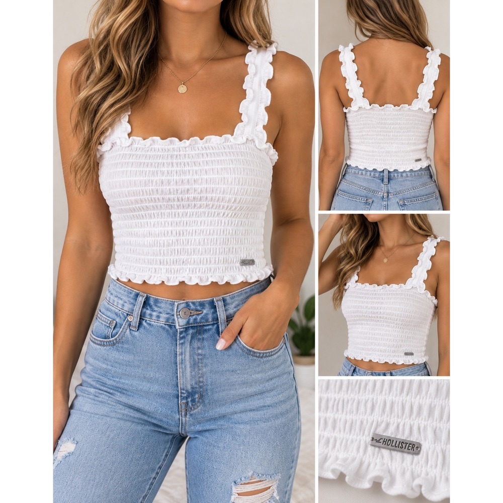 Hollister White Smocked Ruffle Crop Top Size Small